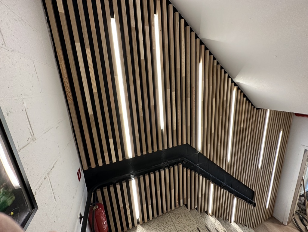 Lignes LED intégrées dans un habillage mural en bois